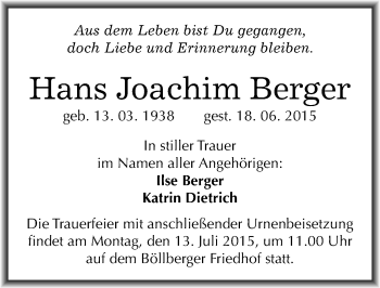Traueranzeige von Hans Joachim Berger von Mitteldeutsche Zeitung Halle/Saalkreis