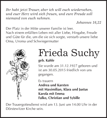 Traueranzeige von Frieda Suchy von WVG - Wochenspiegel Merseburg