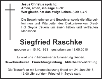 Traueranzeige von Siegfried Raschke von Super Sonntag Wittenberg