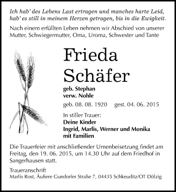 Traueranzeige von Frieda Schäfer von Mitteldeutsche Zeitung Sangerhausen