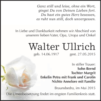 Traueranzeige von Walter Ullrich von WVG - Wochenspiegel Merseburg