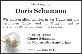 Traueranzeige von Doris Schumann von Super Sonntag Zeitz