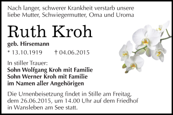 Traueranzeige von Ruth Kroh von WVG - Wochenspiegel Merseburg