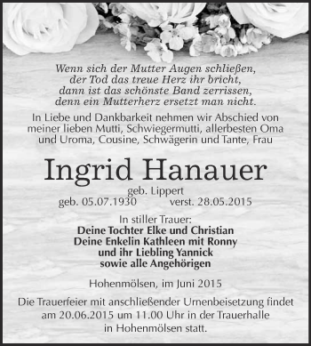 Traueranzeige von Ingrid Hanauer von WVG - Wochenspiegel NMB / WSF / ZTZ
