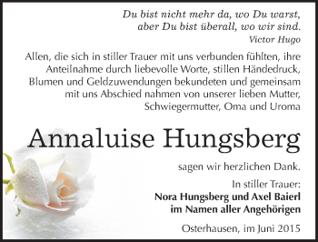 Traueranzeige von Annaluise Hungsberg von Mitteldeutsche Zeitung Merseburg/Querfurt