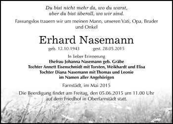Traueranzeige von Erhard Nasemann von Mitteldeutsche Zeitung Mansfelder Land