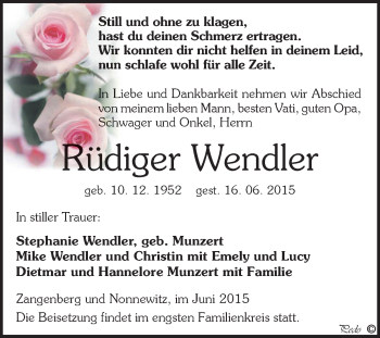 Traueranzeige von Rüdiger Wendler von Super Sonntag Zeitz
