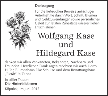 Traueranzeige von Hildegard und Wolfgang Kase von Super Sonntag Wittenberg