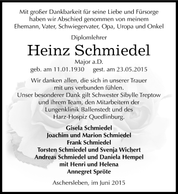 Traueranzeige von Heinz Schmiedel von Mitteldeutsche Zeitung Aschersleben
