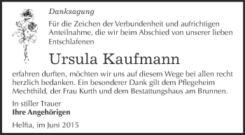 Traueranzeige von Ursula Kaufmann von Wochenspiegel Mansfelder Land