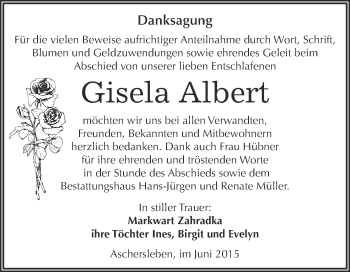 Traueranzeige von Gisela Albert von Super Sonntag Aschersleben