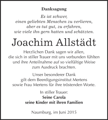 Traueranzeige von Joachim Allstädt von WVG - Wochenspiegel NMB / WSF / ZTZ