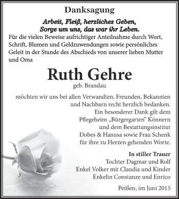 Traueranzeige von Ruth Gehre von Super Sonntag Bernburg