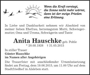 Traueranzeige von Anita Hauschke von Super Sonntag Bernburg