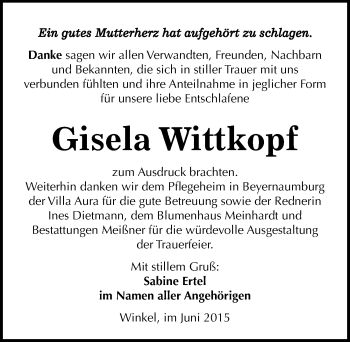 Traueranzeige von Gisela Wittkopf von Mitteldeutsche Zeitung Sangerhausen