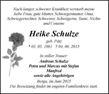 Traueranzeige von Heike Schulze von Mitteldeutsche Zeitung Sangerhausen