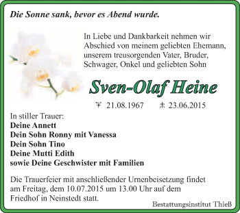Traueranzeige von Sven-Olaf Heine von Super Sonntag Quedlinburg