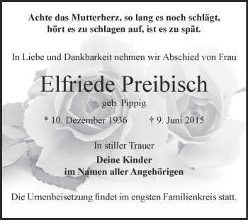 Traueranzeige von Elfriede Preibisch von Super Sonntag Zeitz