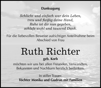 Traueranzeige von Ruth Richter von Mitteldeutsche Zeitung Merseburg/Querfurt