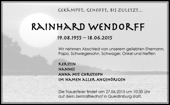 Traueranzeige von Rainhard Wendorff von Mitteldeutsche Zeitung Quedlinburg