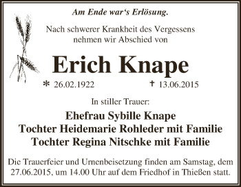 Traueranzeige von Erich Knape von WVG - Wochenspiegel Dessau / Köthen