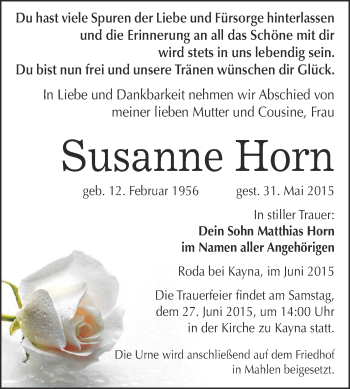 Traueranzeige von Susanne Horn von Super Sonntag Zeitz