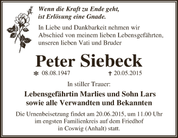 Traueranzeige von Peter Siebeck von WVG - Wochenspiegel Dessau / Köthen