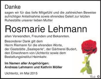 Traueranzeige von Rosmarie Lehmann von WVG - Wochenspiegel NMB / WSF / ZTZ