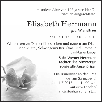 Traueranzeige von Elisabeth Herrmann von WVG - Wochenspiegel Wittenberg