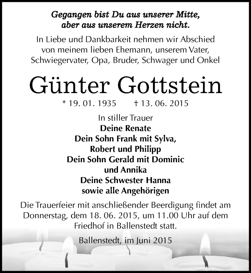  Traueranzeige für Günter Gottstein vom 16.06.2015 aus Mitteldeutsche Zeitung Quedlinburg