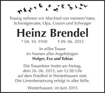 Traueranzeige von Heinz Brendel von WVG - Wochenspiegel Quedlinburg