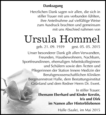 Traueranzeige von Ursula Hommel von Mitteldeutsche Zeitung Halle/Saalkreis