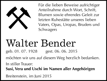 Traueranzeige von Walter Bender von Mitteldeutsche Zeitung Sangerhausen