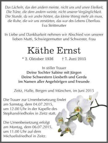 Traueranzeige von Käthe Ernst von Super Sonntag Zeitz