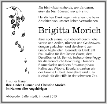 Traueranzeige von Brigitta Morich von Mitteldeutsche Zeitung Mansfelder Land