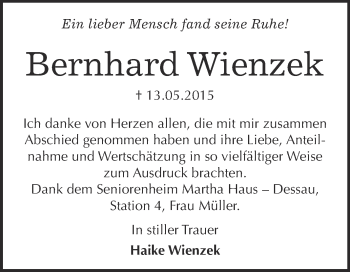 Traueranzeige von Bernhard Wienzek von WVG - Wochenspiegel Wittenberg