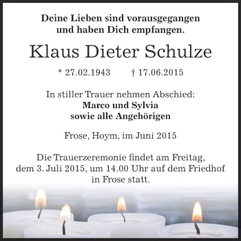 Traueranzeige von Klaus Dieter Schulze von Super Sonntag Aschersleben