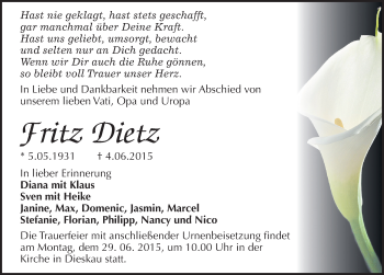 Traueranzeige von Fritz Dietz von Mitteldeutsche Zeitung Halle/Saalkreis