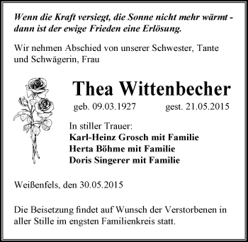 Traueranzeige von Thea Wittenbecher von Mitteldeutsche Zeitung Weißenfels