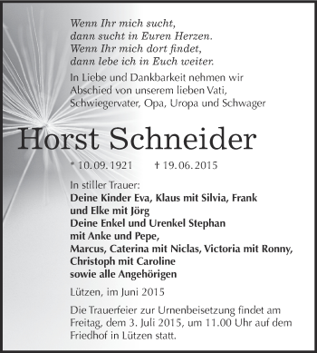 Traueranzeige von Horst Schneider von Super Sonntag Merseburg