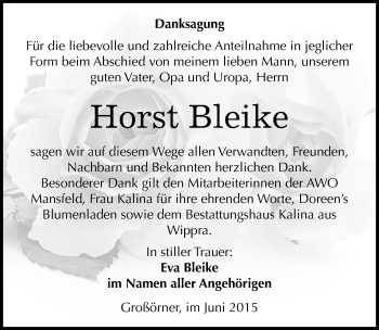 Traueranzeige von Horst Bleike von Mitteldeutsche Zeitung Mansfelder Land