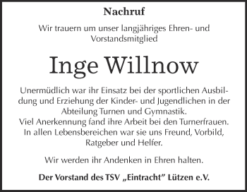 Traueranzeige von Inge Willnow von WVG - Wochenspiegel NMB / WSF / ZTZ