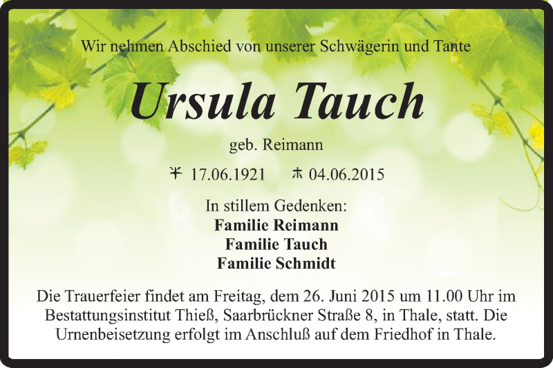  Traueranzeige für Ursula Tauch vom 21.06.2015 aus Super Sonntag Quedlinburg