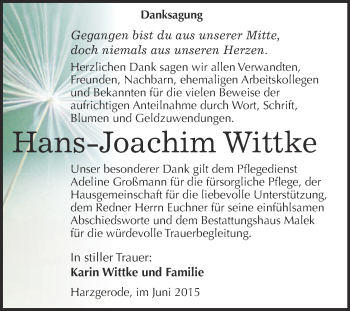 Traueranzeige von Hans-Joachim Wittke von WVG - Wochenspiegel Quedlinburg