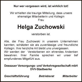 Traueranzeige von Helga Zuchowski von Super Sonntag Dessau / Köthen