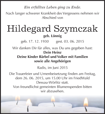 Traueranzeige von Hildegard Szymczak von Mitteldeutsche Zeitung Wittenberg