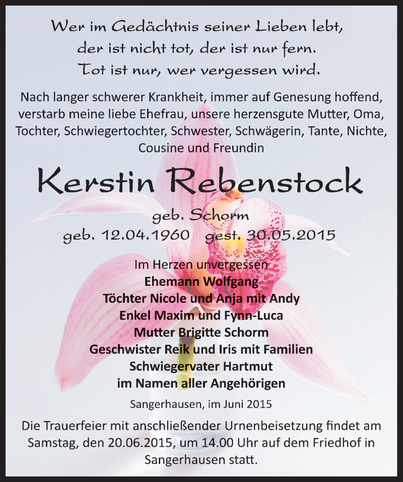  Traueranzeige für Kerstin Rebenstock vom 13.06.2015 aus Mitteldeutsche Zeitung Sangerhausen