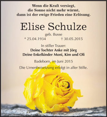 Traueranzeige von Elise Schulze von Mitteldeutsche Zeitung Quedlinburg