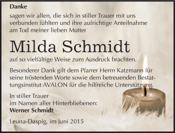 Traueranzeige von Milda Schmidt von Mitteldeutsche Zeitung Merseburg/Querfurt