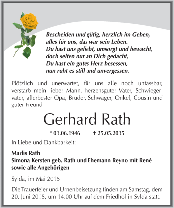 Traueranzeige von Gerhard Rath von Mitteldeutsche Zeitung Mansfelder Land